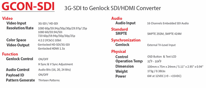 GCON-SDI Technical Specifications